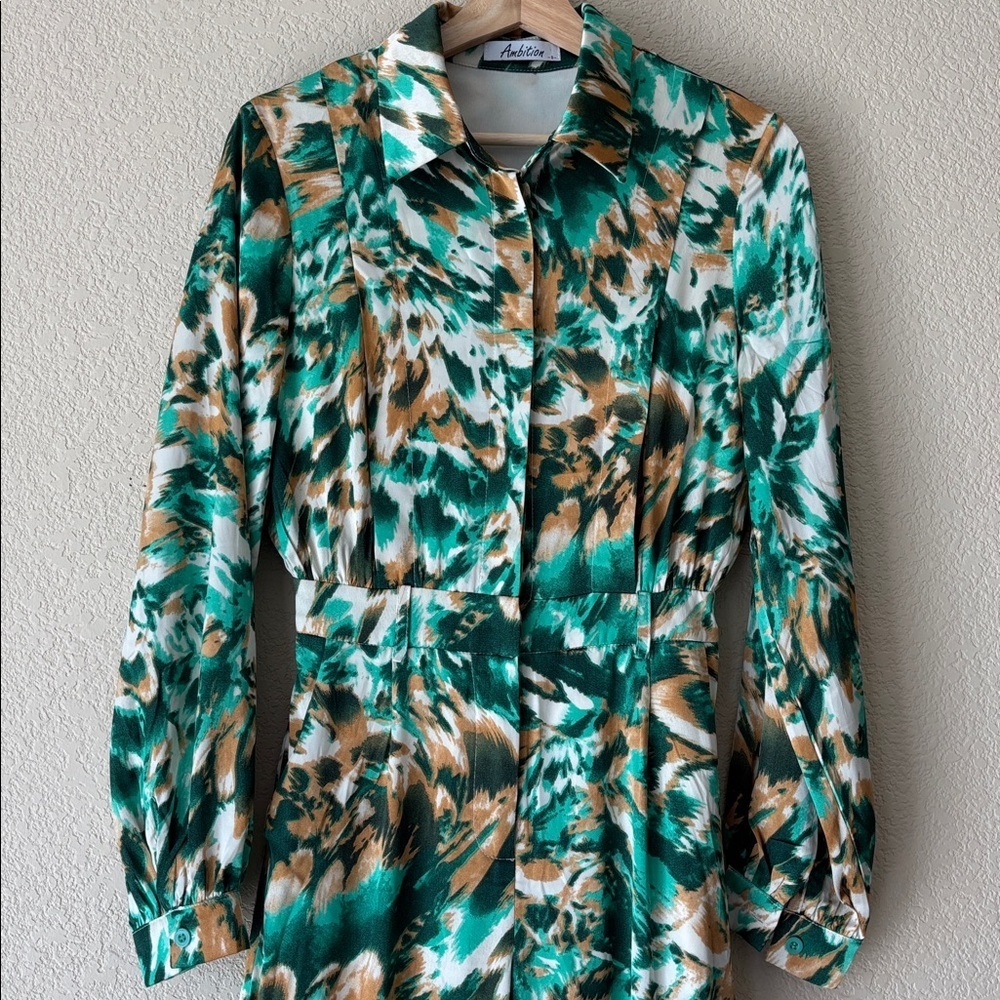 Ambition Green Patterned Long Sleeve Wide Leg Jumpsuit - Picture 3 of 6